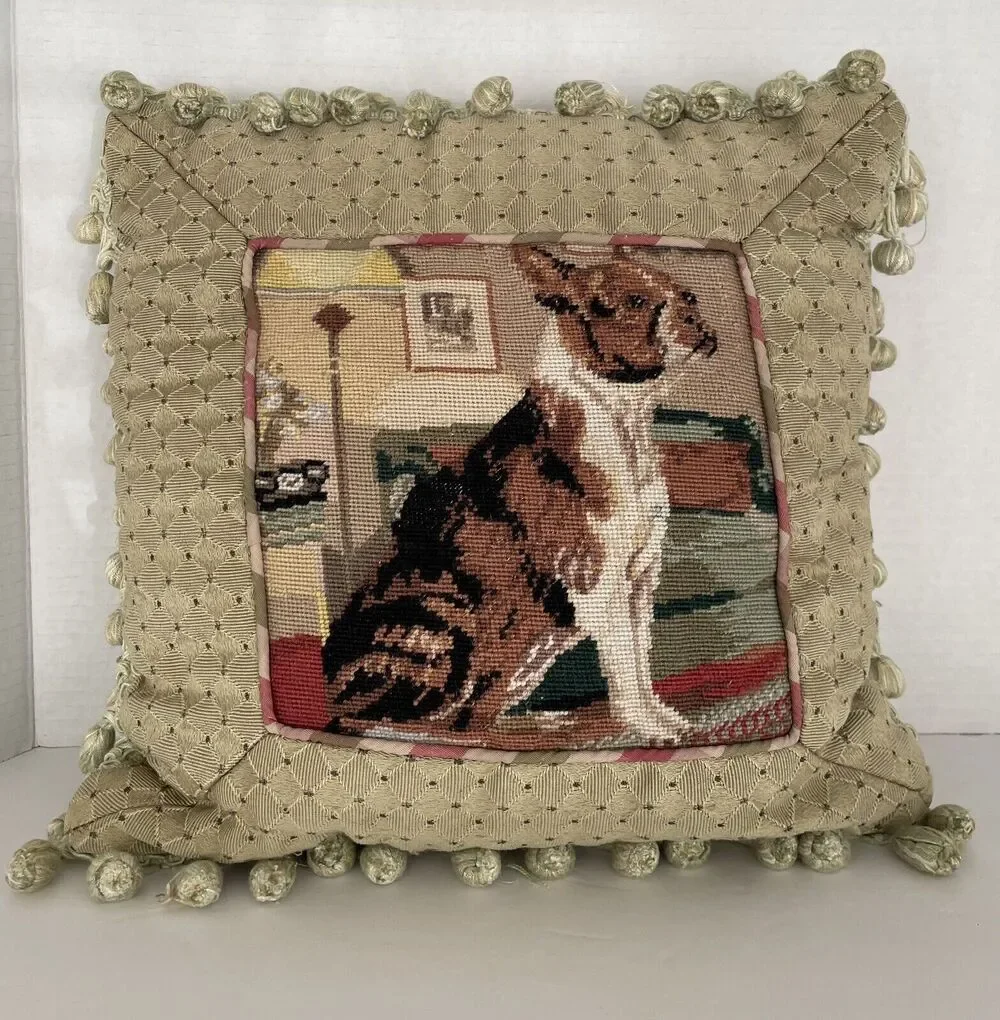 Antique Needlework Point Pillow Boston Terrier Dog Tapestry Ball Fringe 12 X 12